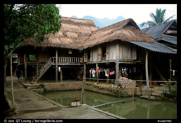 Stilt houses with thatched roofs of Ban Lac village. Northwest Vietnam