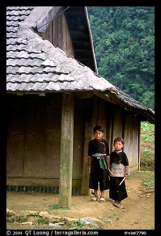 Two Hmong boys outside their house in Xa Linh village. Northwest Vietnam (color)