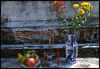 Flowers, fruit, and incense offered on a grave. Ben Tre, Vietnam
