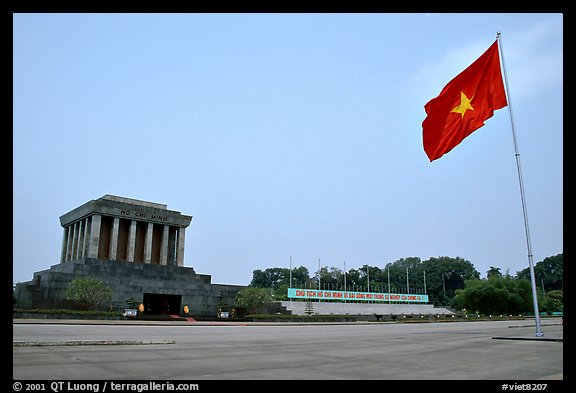 Ho Chi Minh mausoleum and national flag. Hanoi, Vietnam (color)