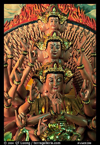 Detail of a buddhist sculpture with many heads. Ha Tien, Vietnam